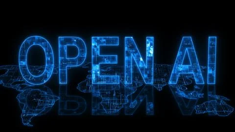 Open AI text technology earth map blue glowing Illustration