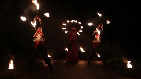 Open air Fire Show at night Stock Footage 47634203