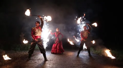 Open air Fire Show at night Stock Footage 47634216