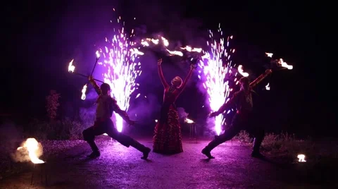 Open air Fire Show at night Stock Footage 47634258