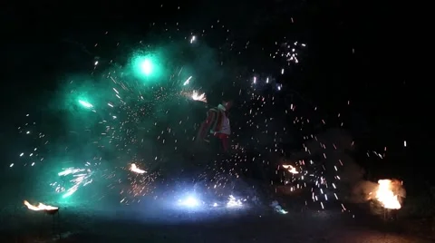Open air Fire Show at night Stock Footage 47634273