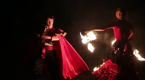 Open air Fire Show at night Stock Footage 47634282