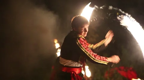 Open air Fire Show at night Stock Footage 47634336