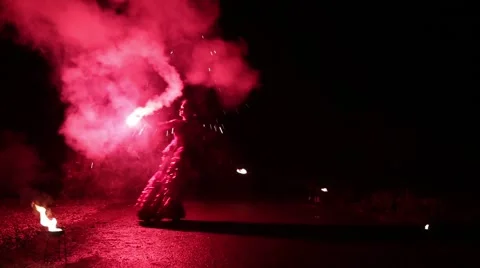Open air Fire Show at night Stock Footage 47634367