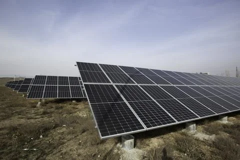 In the open air install environmentally friendly solar panels in the open air Stock Photos