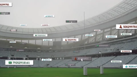 Open-air stadium being animated with floating UI labels moving across goal posts Video stock 307551006