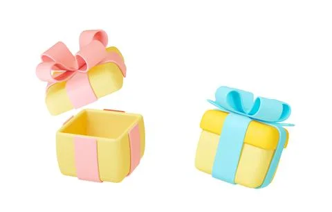 Open and close 3d gift boxes with bows. Holiday presents, isolated gifts render Illustrazione stock