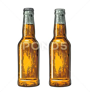 Open and close beer bottle. Vintage black and color vector engraving illust.. Stock Illustration