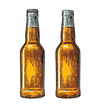 Open and close beer bottle. Vintage black and color vector engraving illust.. 库存插图