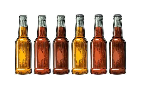 Open and close beer bottle. Vintage color vector engraving illustration. Stock Illustration