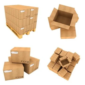 Open and Close of Cardboard Boxes Isolated on White Background Ilustración de archivo