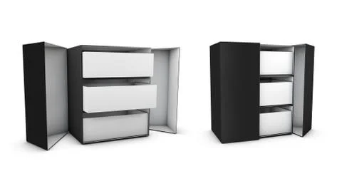 Open and close three-drawer box, 3d illustration with layers isolated on whit Stock Illustration