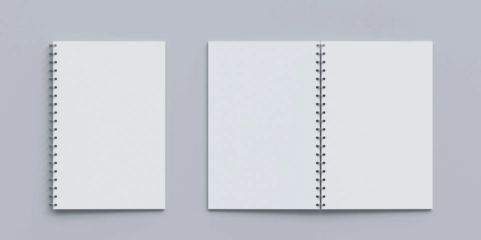 Open and closed blank note book on white desk copy space empty blank to add your Stock Illustration