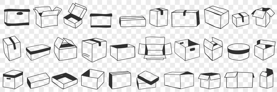 Open and closed boxes doodle set Illustration