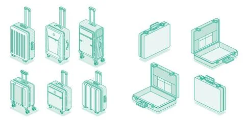 Open and closed briefcase with handle. Collection of different suitcases on.. Stock Illustration