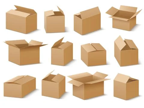 Open and closed cardboard boxes vector set Stockillustratie
