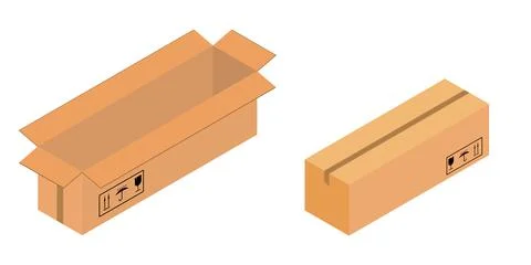 Open and closed cardboard boxes with a tape with road signs. Isolated vector  Illustrazione stock