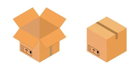 Open and closed cardboard boxes with a tape with road signs. Isolated vector  Stock Illustration