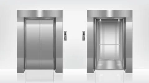Open and closed elevator doors in office hallway Illustrazione stock
