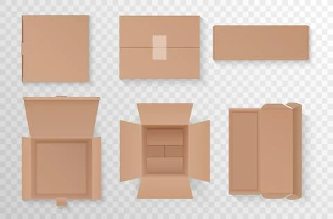Open and closed empty cardboard boxes set, top view of 3d realistic mockup Illustrazione stock
