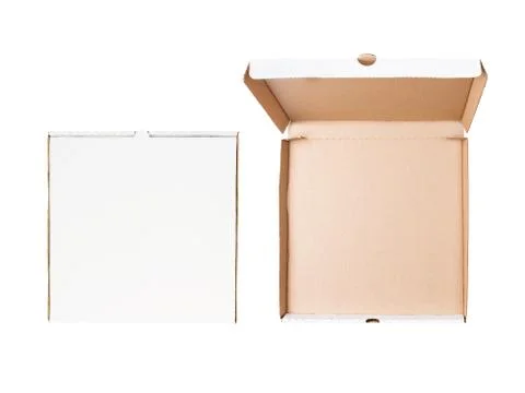 Open and closed empty pizza boxes set isolated on white background. Flat lay Stock-Fotos