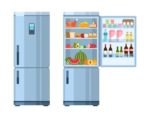 Open and closed fridge. Refrigerator empty and with products, healthy food water Stock Illustration