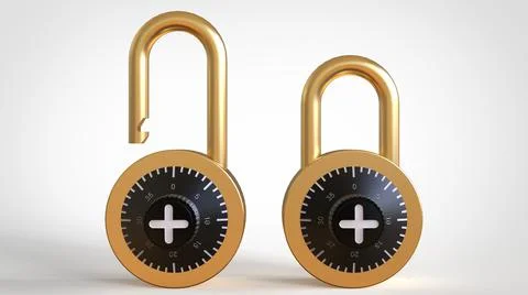 Open and closed gold padlock with figures on background 3d rendering image Stock Illustration
