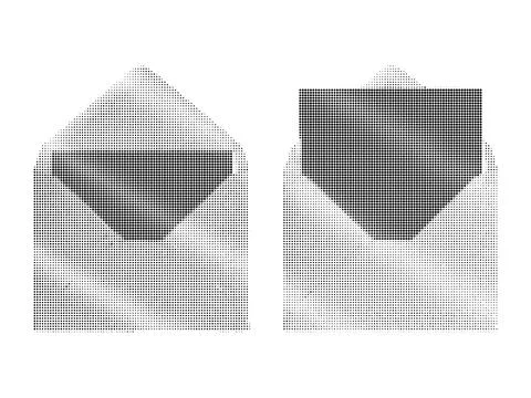 Open and closed mail envelope icons in black halftone dot style on white ba.. Stock Illustration