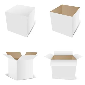 Open and closed packaging boxes. Perspective cube isolated on white Stock Illustration