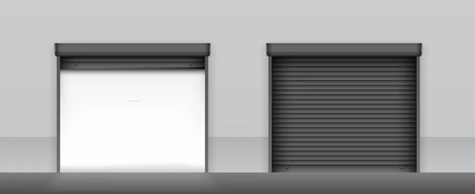 Open and closed roller shutter gates. Black roller shutter doors on light grey Stock Illustration
