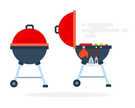 Open and closed round grill with grilling equipment flat isolated Stock Illustration