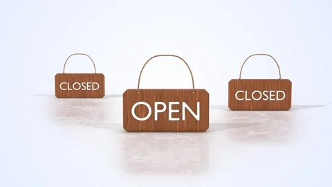 Open and Closed Signs on a Light Reflective Floor. 3D Business Signs Animation. Video stock 298487616