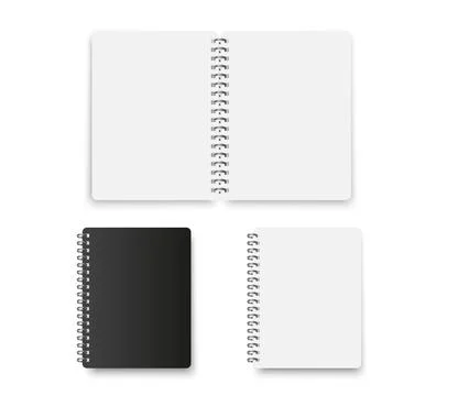 Open and closed spiral notebooks in black and white colors. Realistic mockup Stock Illustration