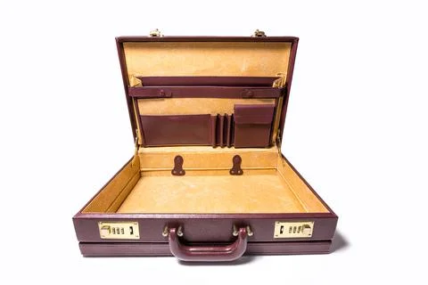 Open and empty 24 hour briefcase on white background Stock Photos