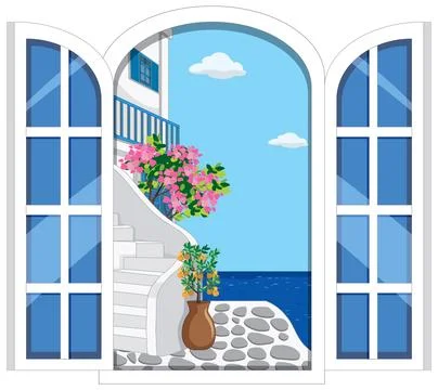 Open arched window reveals a sunny Mediterranean landscape with white stairs  イラスト素材