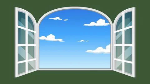 Open Arched Window Vector Illustration with Blue Sky and Clouds Stock Illustration