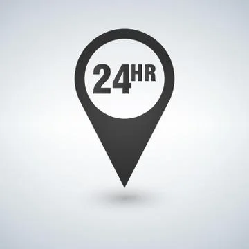 Open around the clock or 24 hours a day and 7 days a week symbol on map pin i Stock Illustration