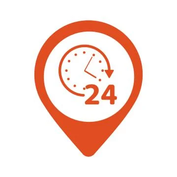 Open around the clock or 24 hours a day and 7 days a week symbol on map pin icon Stock Illustration