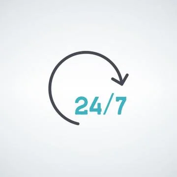 Open around the clock or 24 hours a day and 7 days a week icon or symbol isol Stock Illustration