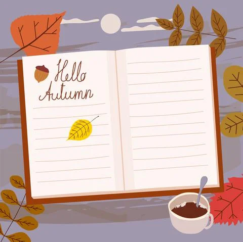 Open Autumn Daily Diary notepad, list schedule, goals, to do, acorn, autumn Stock Illustration