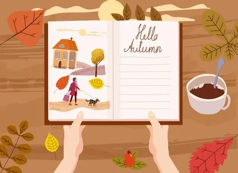 Open Autumn Daily Diary notepad, list schedule, goals, to do, acorn, autumn Stock Illustration