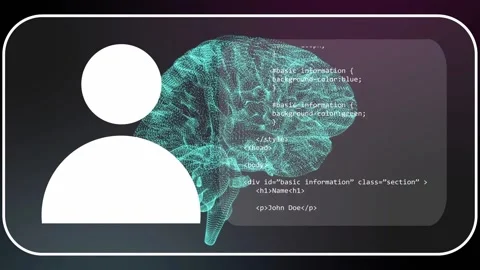 On open avatar appearing, cyan wireframe brain rotating, UI panel scrolling, Stock Footage 334338028