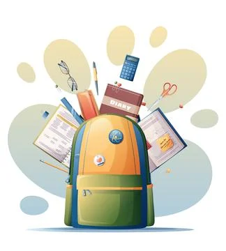 Open backpack with flying school supplies. Back to school, knowledge day, sch Stock Illustration