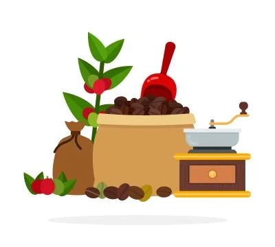 Open bag of coffee beans with a spoon for coffee and manual coffee grinder Stock Illustration