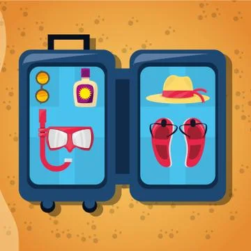 Open baggage with sun glasses, mask, suncreen, hat and sandals over sand Stockillustratie