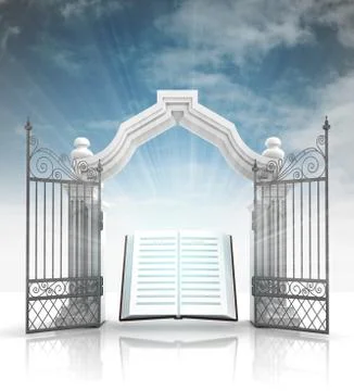 Open baroque gate with holy bible and sky illustration Illustrazione stock