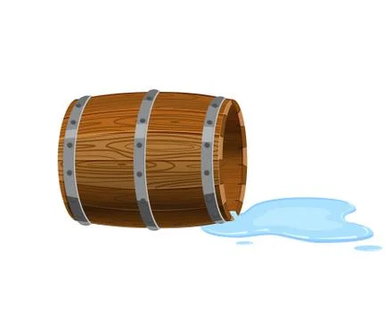 Open barrel lying on the ground, empty with spilled liquid, puddle, vector Illustrazione stock