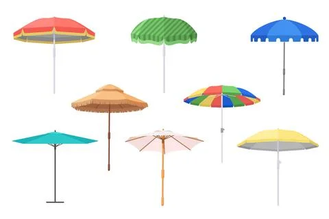 Open beach umbrellas set, cute parasol collection for tropical sea summer Stock Illustration