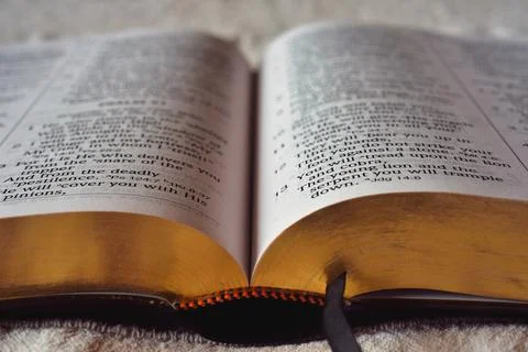 Open Bible close-up on soft surface Stock Photos