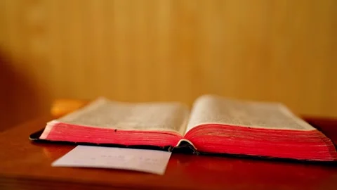 Open Bible on the pulpit inside the U.S. Center Chapel, wide view Stock Footage 345530844